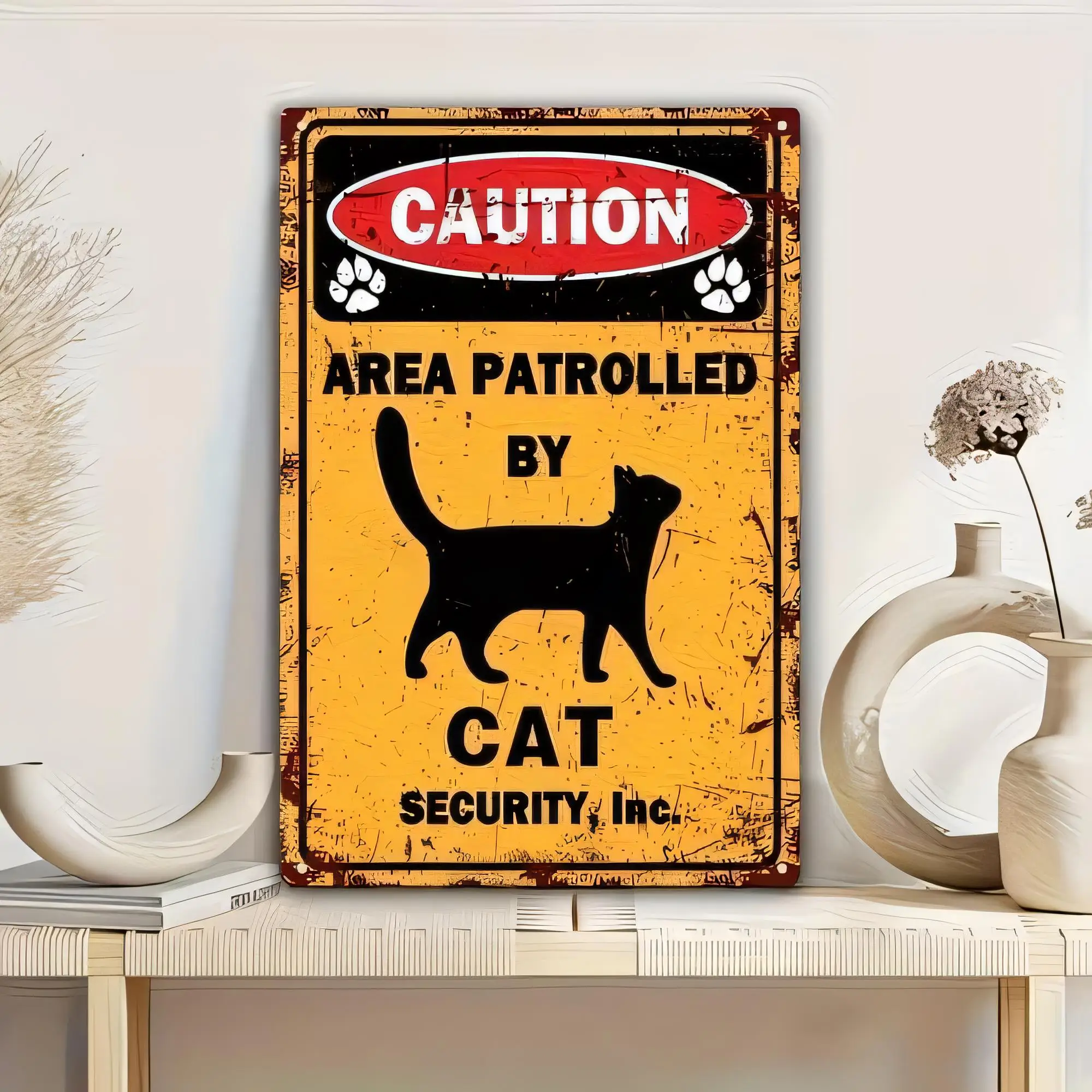 Tin Sign Caution Area Patrolled By Cat Security Inc Vintage Metal Wall Art Plaque Retro Farmhouse Gift for Cat Lovers Home Bar G