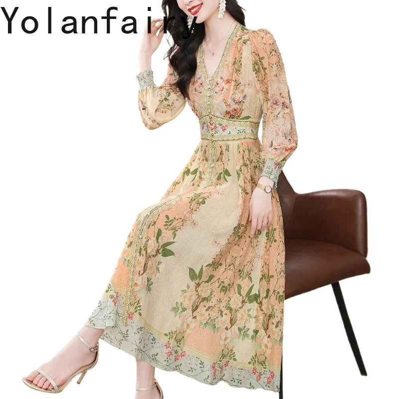 

YOLANFAIRY Luxury 100% Real Mulberry Silk Dresses for Women Spring Summer High-end V-neck Floral Dress Woman Long Vacation Dress