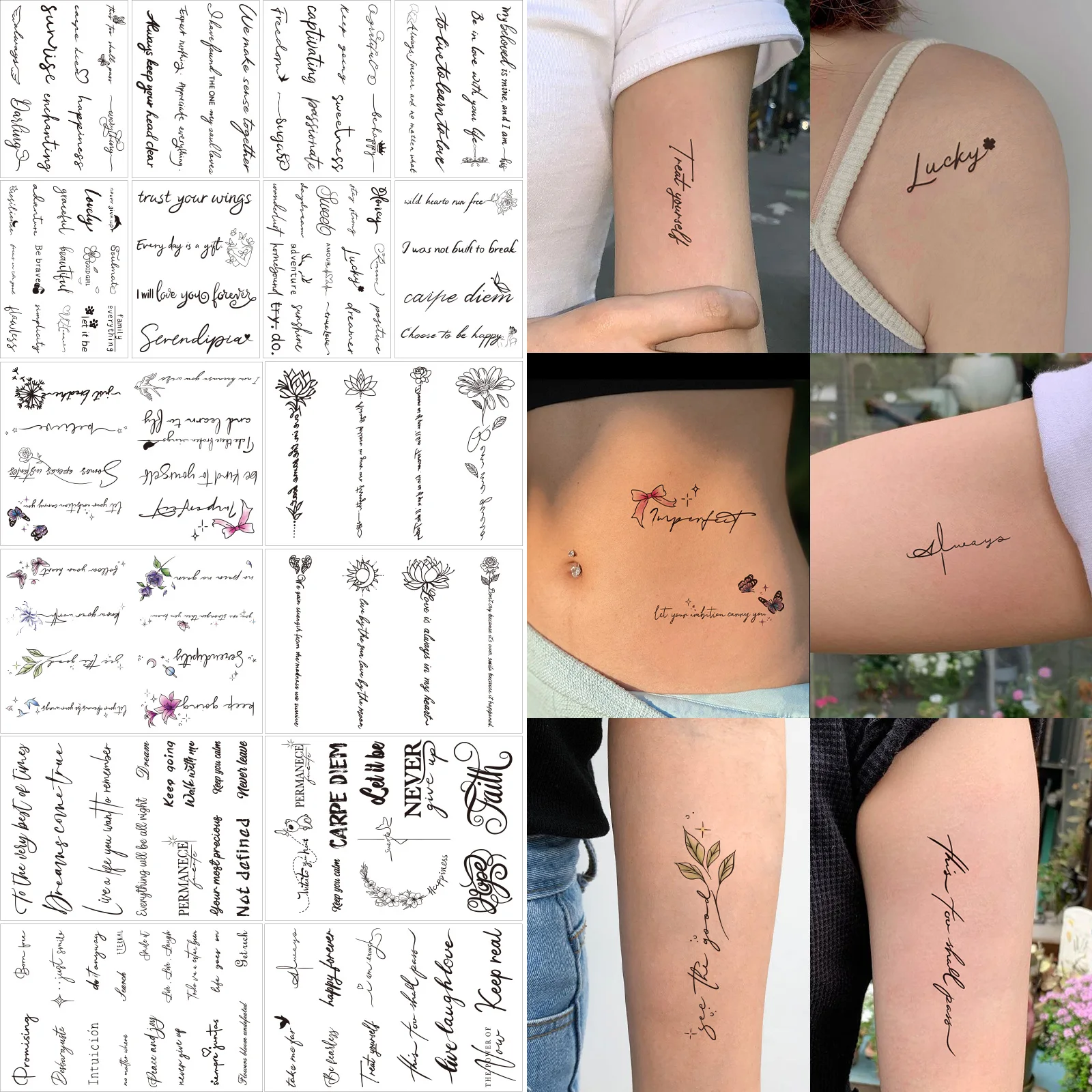 16 Sheets Creative Inspiration English Letter Temporary Tattoo Personalized Flower Fake Tattoo  Arm Fashion tatouage temporaire