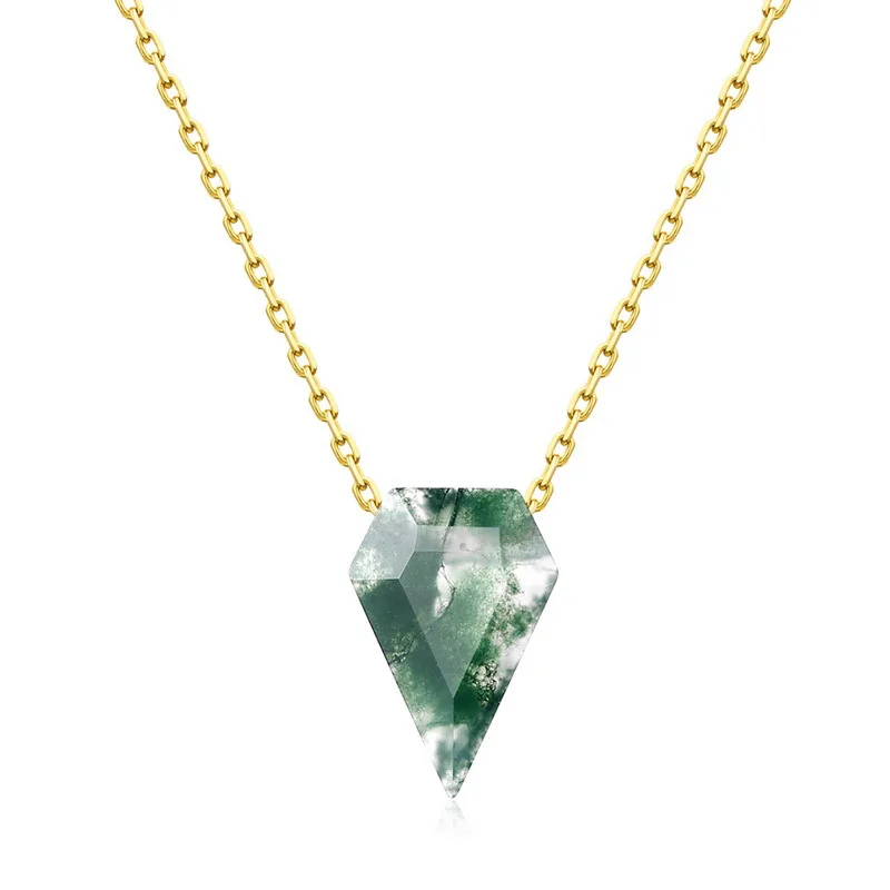 New S925 pure silver personalized geometric green moss stone inlaid with water grass agate necklace wedding jewelry - view 5