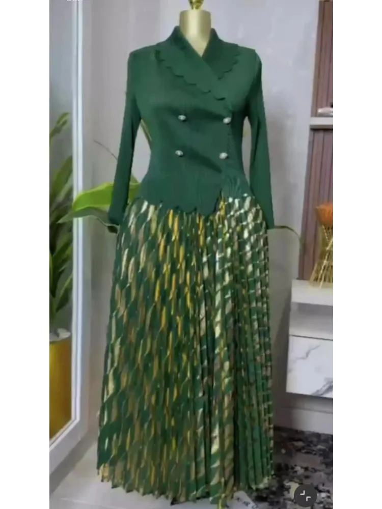

Miyake African Fashion Bronzing Loose Women's Pleated Dress Temperament Suit Collar Elegant Long Dress 2025 New Clothing