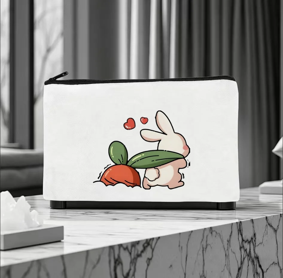 1PC Cute Cartoon White Rabbit Pulling Carrot Two Red Hearts Canvas Cosmetic Bag Double Sided Portable Travel Zipper Pouch