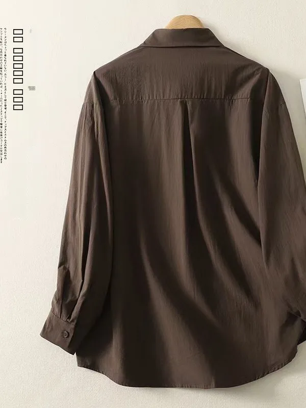 

Casual Long Sve Coffee Color irt Korean Sle Loose Fit Breathable Cotton Women's irt Fall Season Faion Brand