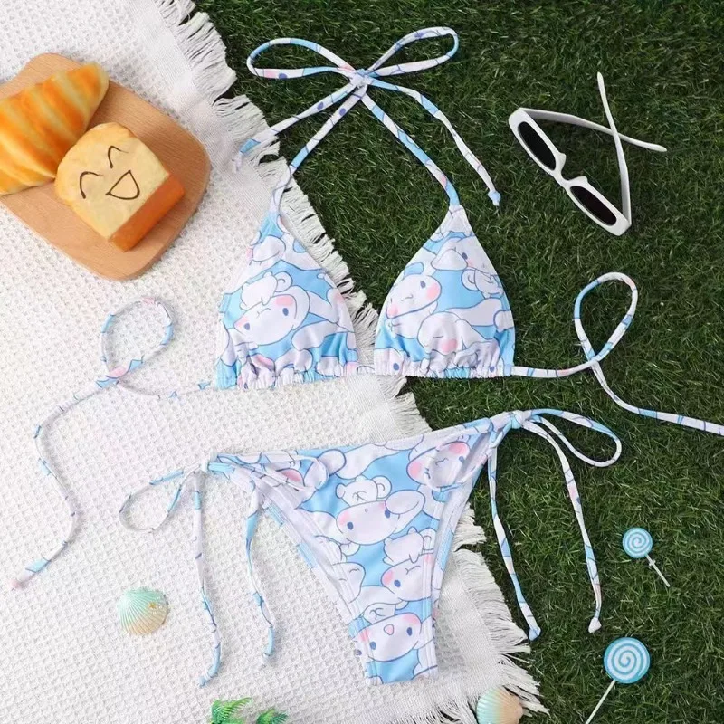 Sanrio-Conjunto de bañador de Hello Kitty para mujer, traje de baño de dibujos animados, Cinnamoroll, Bikini de playa, ropa interior con correa lateral, Tanga Sexy de verano