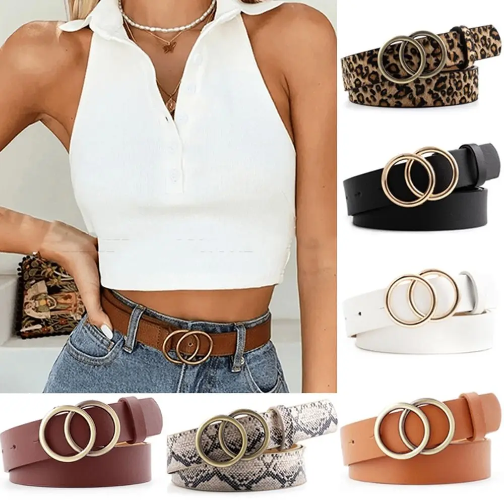 

Luxury Retro Double Ring Buckle Leopard Print Fashion Thin For Men Jeans Waist Belt Waistband Waist Strap PU Leather Belt