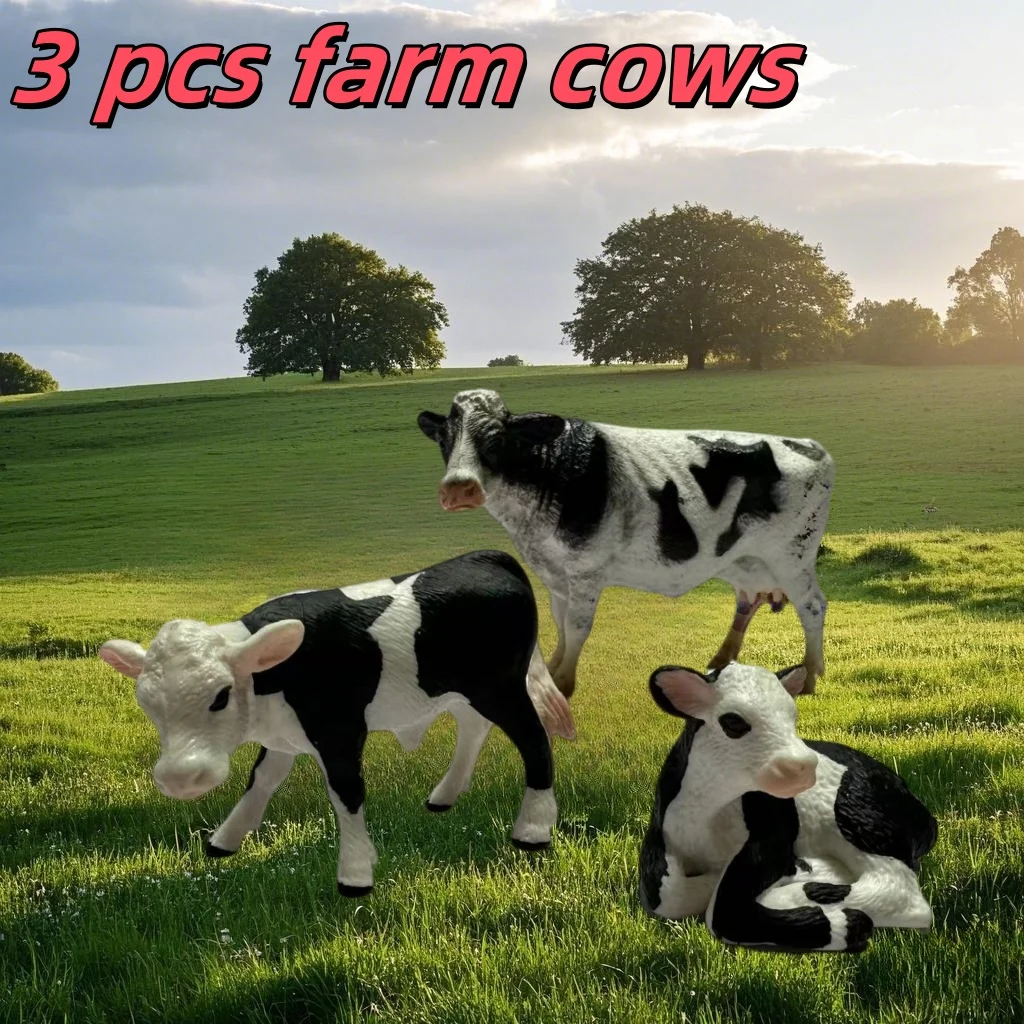 Zestaw 3 realistycznych modeli krów w stojących i leżących pozycjach, dekoracyjne rekwizyty sceniczne, zabawki dla dzieci, edukacyjne figurki zwierząt gospodarskich.