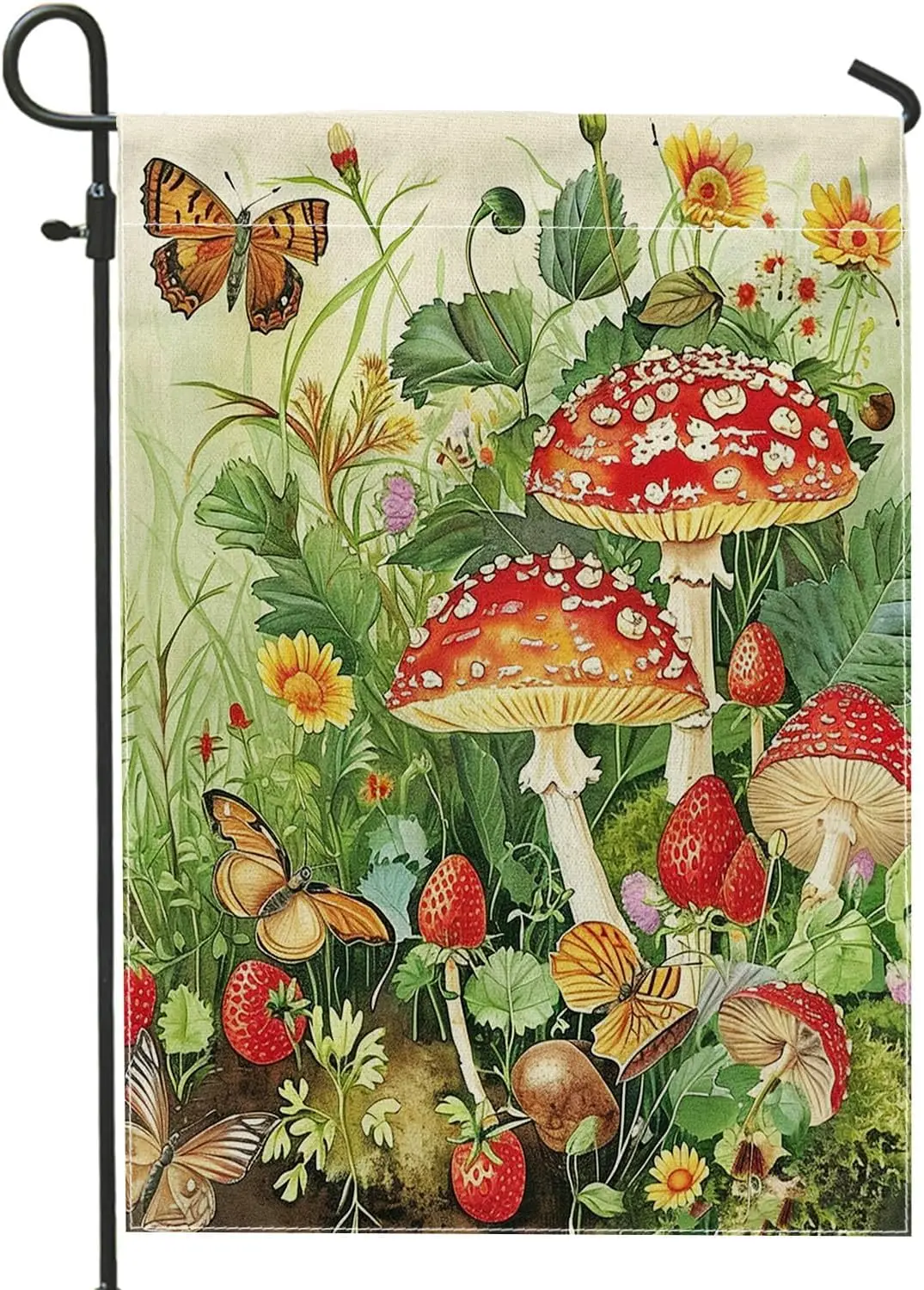 Spring Garden Flag Butterfly Mushroom Strawberry Green Leaves Plants Retro Farm Fairy Floral Green Linen Decorations Yard Ou SSL