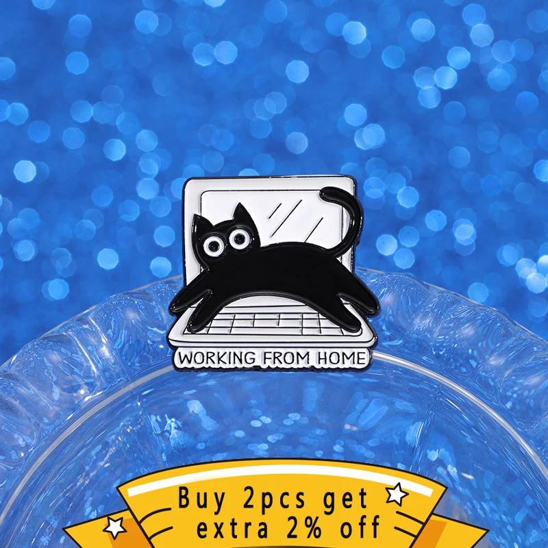 THINK BEFORE YOU CLlCK Enamel Pins Custom Black Cat Working From Home Brooches Lapel Badges Jewelry Gift For Friends