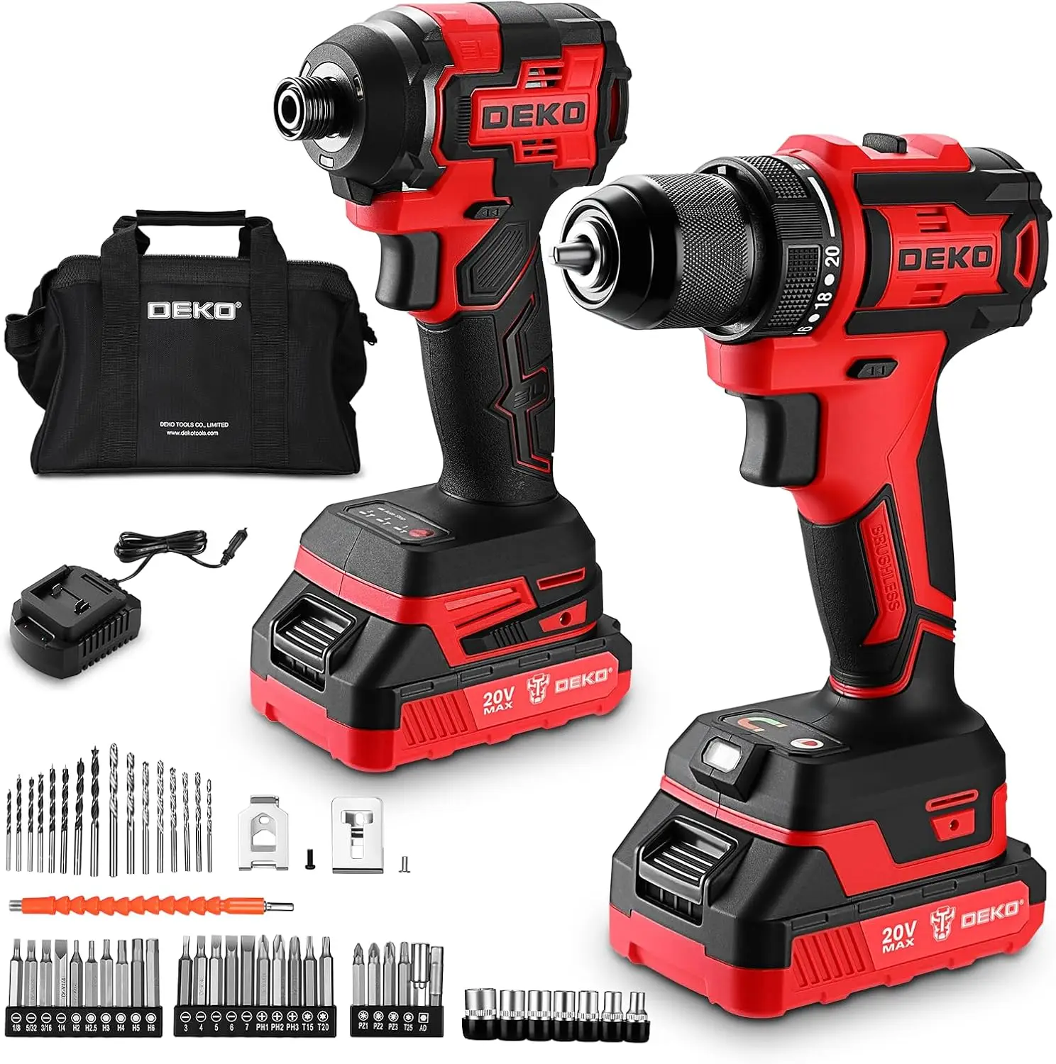 

20V Brushless Cordless Drill & Impact Driver Combo Kit, 2x2.0Ah Batteries, Fast Charger, 52-Piece Accessories