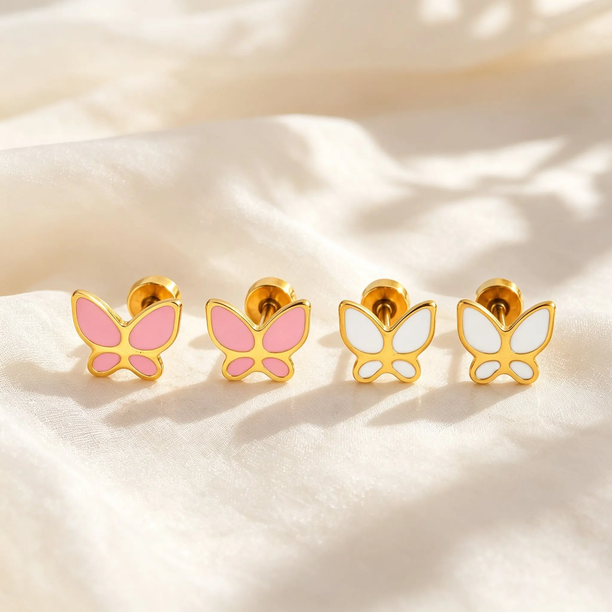 Elegant Pink White Enamel Butterfly Earrings for Women, Stainless Steel Small Stud Earrings, Fashion Simple Aesthetic Jewelry