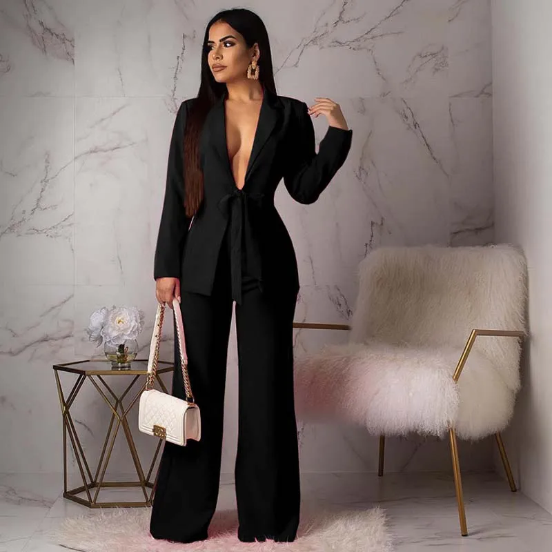 Women Business Suit Set Office Wear Two Piece Blazer Fashion Casual Professional Woman Suit With Waist Tied Jacket And Pants Set