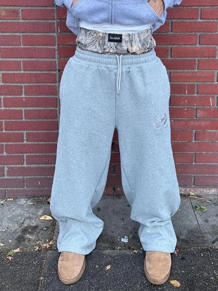 Casual Creative Embroidery Stitching Double Waistband Loose Pants Fashion Europe America High Street Grunge Straight Sweatpants