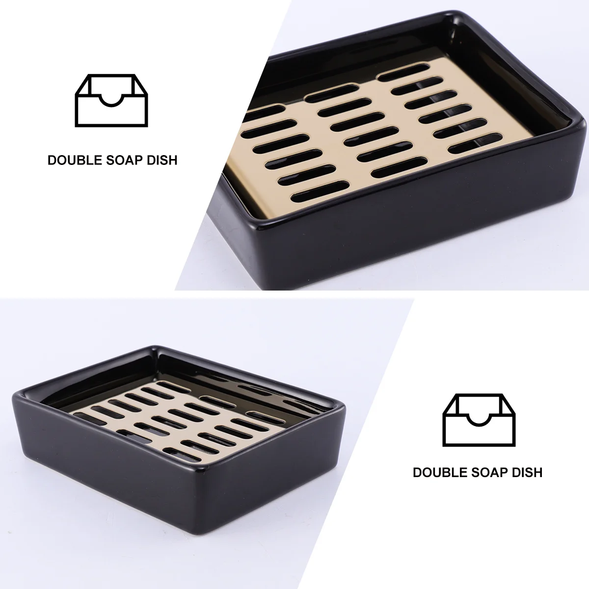 

Ceramic Double Layer Soap Box Drain Soap Container Black Ceramic Base Golden Stainless Steel Filter Bathroom Use