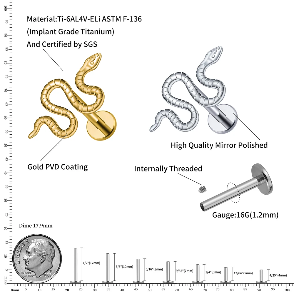 الحق جراند ASTM F136 التيتانيوم 16 جرام فايبر الأفعى Labret الغضروف القرط شقة الظهر مسمار محارة الزنمة اللولب ميدوسا مونرو ثقب