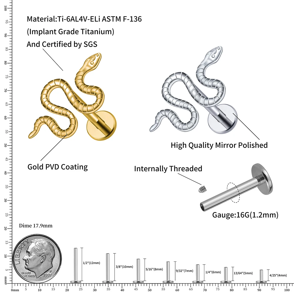 Right Grand ASTM F136 Titanium 16G Viper Snake Labret Cartilage Earring Flat Back Stud Conch Tragus Helix Medusa Monroe Piercing