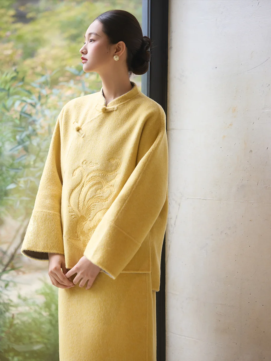 

Новое китайское шерстяное пальто Dear Pomeanate с тяжелой вышивкой, желтый шерстяной комплект для женщин, винтажный свободный крой