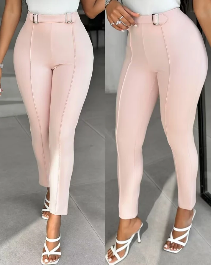 Mode 2024 Lente Vrouwen Werkbroek Elegante Gespen Riem Met Hoge Taille Skinny Broek Casual Dagelijkse Heup Lift Workout Kleding