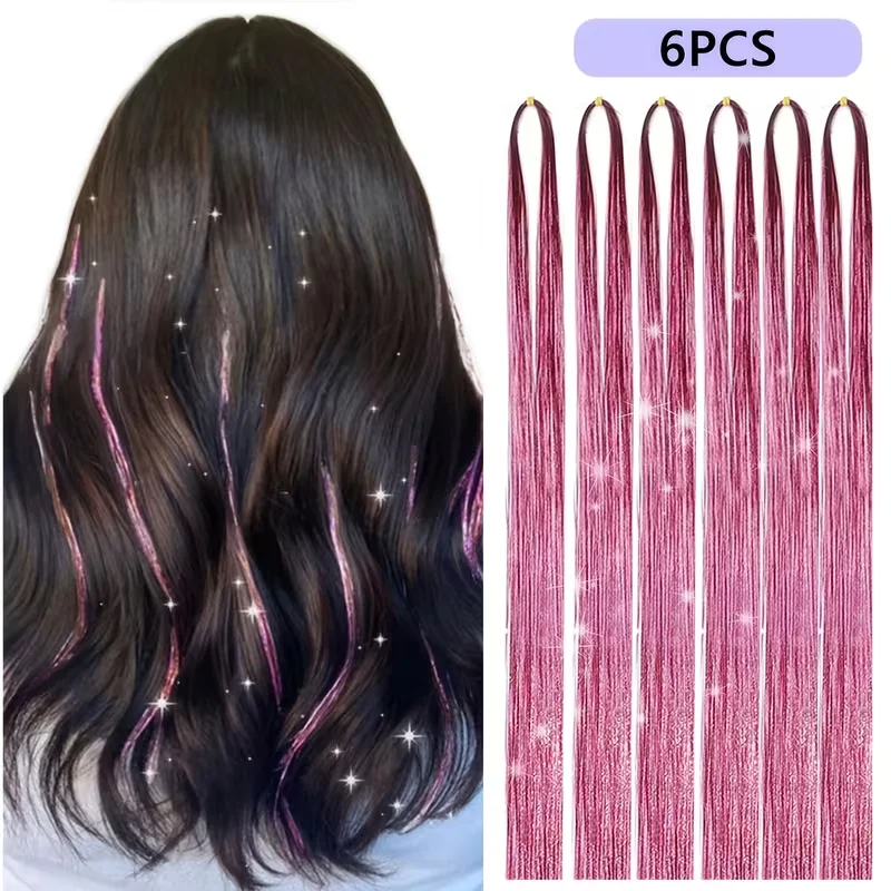 6pcs 22inch Colorful Glitter Tinsel Hair Extensions Fairy Hair Extension Hair Extension Tinsel Glitter Hair Synthetic Extensions