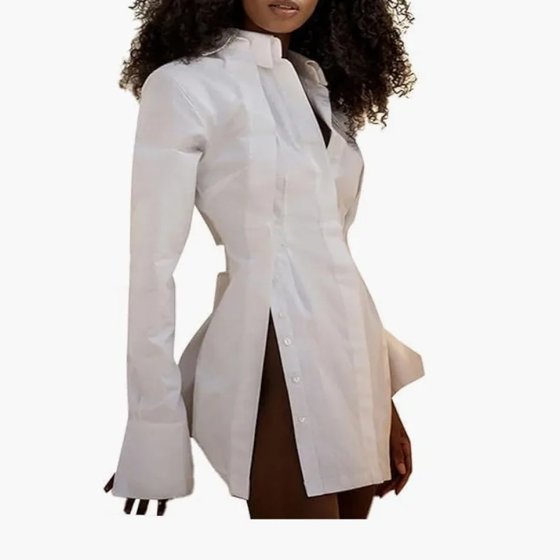 Frühlingsneues Damen-Hemd mit V-Ausschnitt, langärmeliges, langes Hemdoberteil mit Knopfleiste am Saum und geteiltem Ende