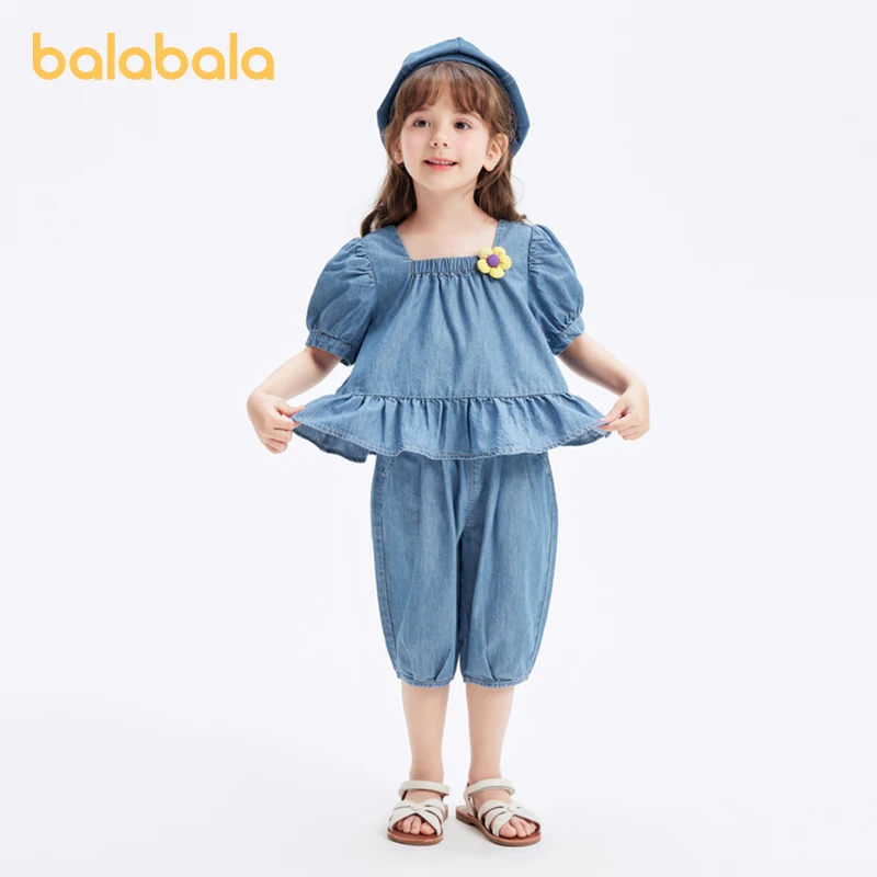 Balabala Children Clothing Baby Short Sleeve Set Girls Outfit 2024 Summer New Children Denim Pants Sweet and Artistic