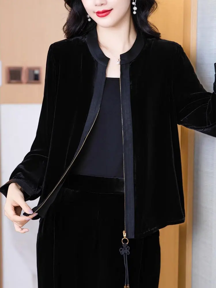 

New Chinese Sle Retro round Ne Velvet Open Cardigan ort Jaet Women's Faionable Top for Autumn Season