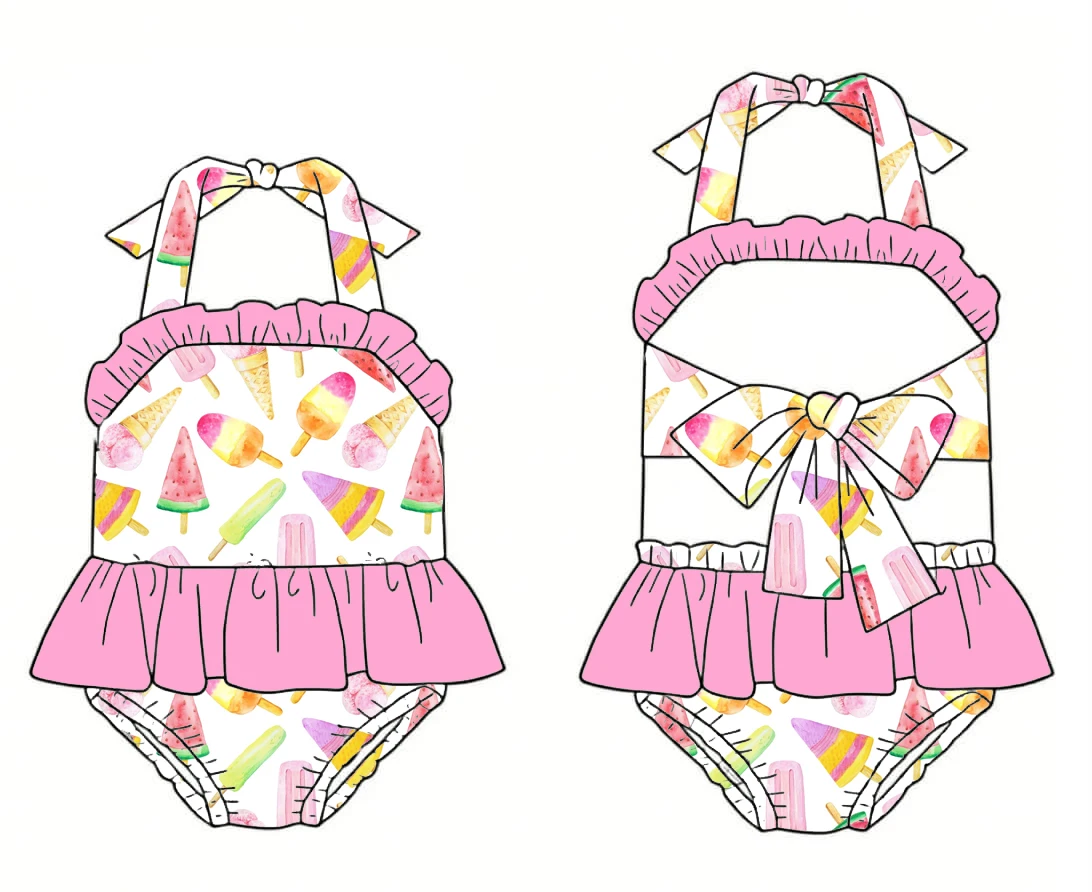 Boutique kid's rompers halter neck Backless bow decoration snap closures skirt Milk silk fabric Popsicle print Custom wholesale