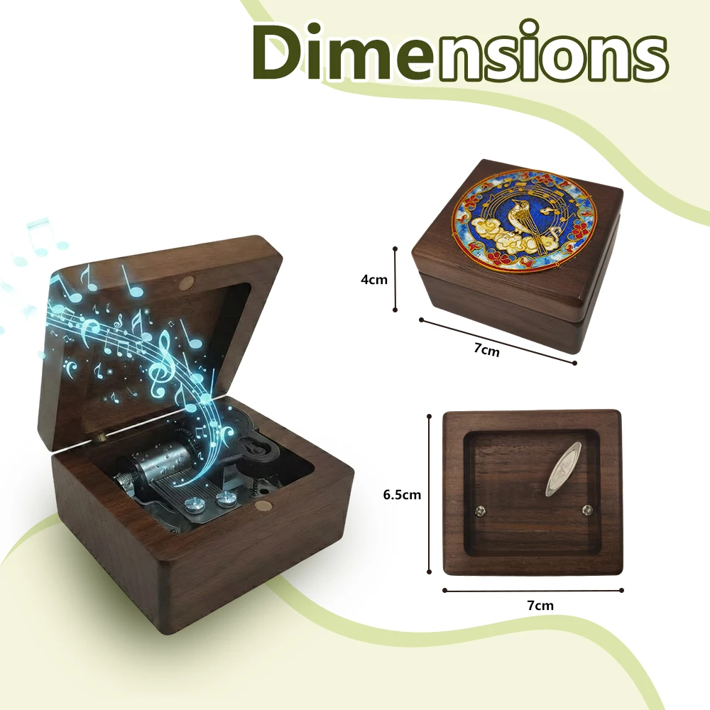 Cloisonne Enamel Walnut Music Box, Wind-Up Musical Jewelry Box for Birthday Valentine's Day Gift