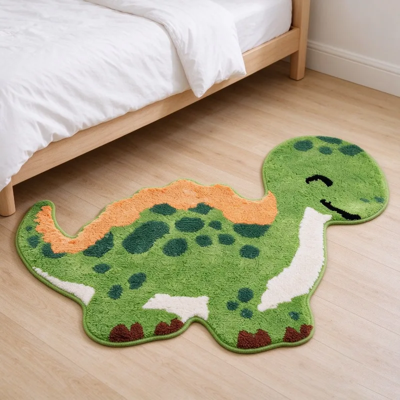 Cute Green Dinosaur Shaped Rug Cartoon Little Dinosaur Soft Fluffy Rug Bedroom Bedside Decorative Floor Mat Entrance Doormat