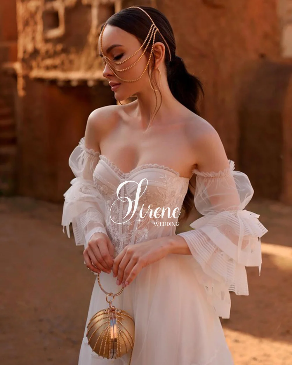 Sirene-Bohemian Querida Vestido de Noiva com mangas destacáveis, Lace Up Gown, Nupcial Apliques, Trem sem encosto