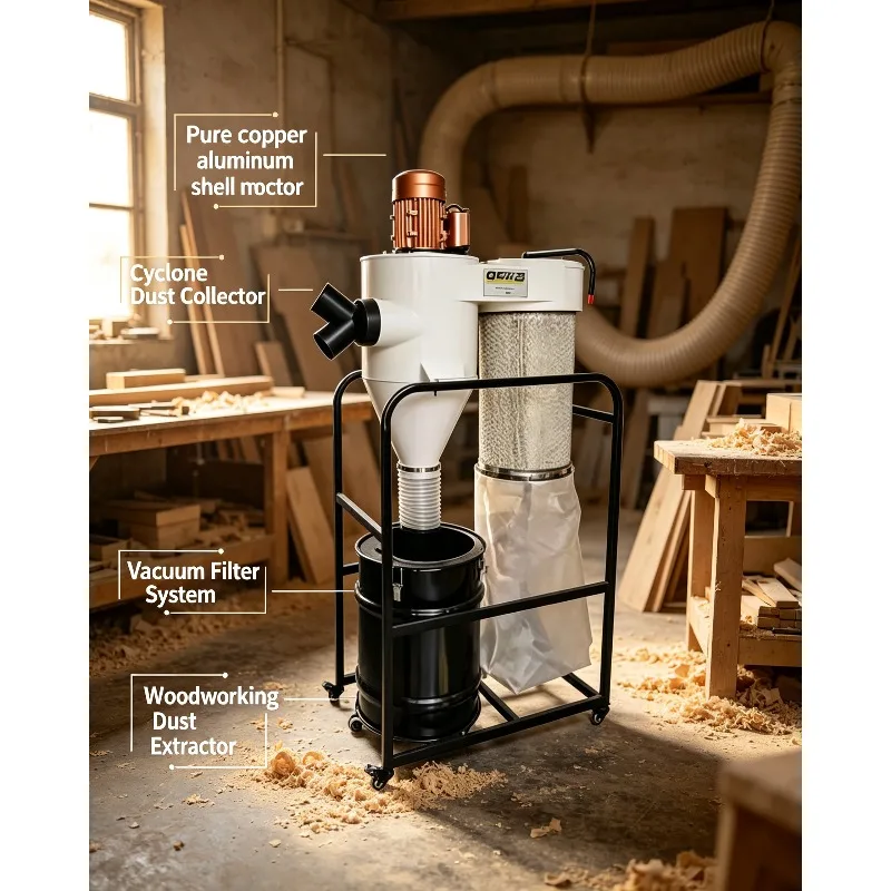 1Set 1.5‑2.2KW Industrial Cyclone Dust Collector Mobile Bag Filter Vacuum Cleaner For  Engraving Woodworking Dust Removal