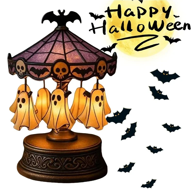 Halloween Rotating Carousel Table Lamp Hanging Ghost Bat Skull Decor Night Light Bedroom Holiday Atmosphere Desk Lamp