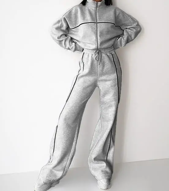 

Women's Set Spring Loose Fashion Casual Color Blocked Stand Up Hoodie Coat High Waist Line Splicing Straight Pants Sports Set