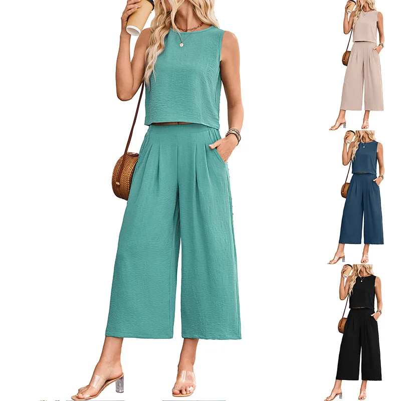 

Summer Casual Sleeveless Vest Wide-leg Cropped Pants Set for Women