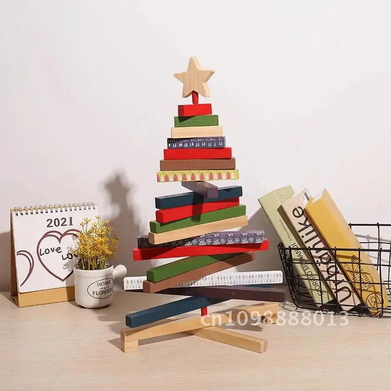 

2022 New Creative Wooden Rotatable Christmas Tree Block Props Desktop Ornament Building Decoration Christmas Holiday