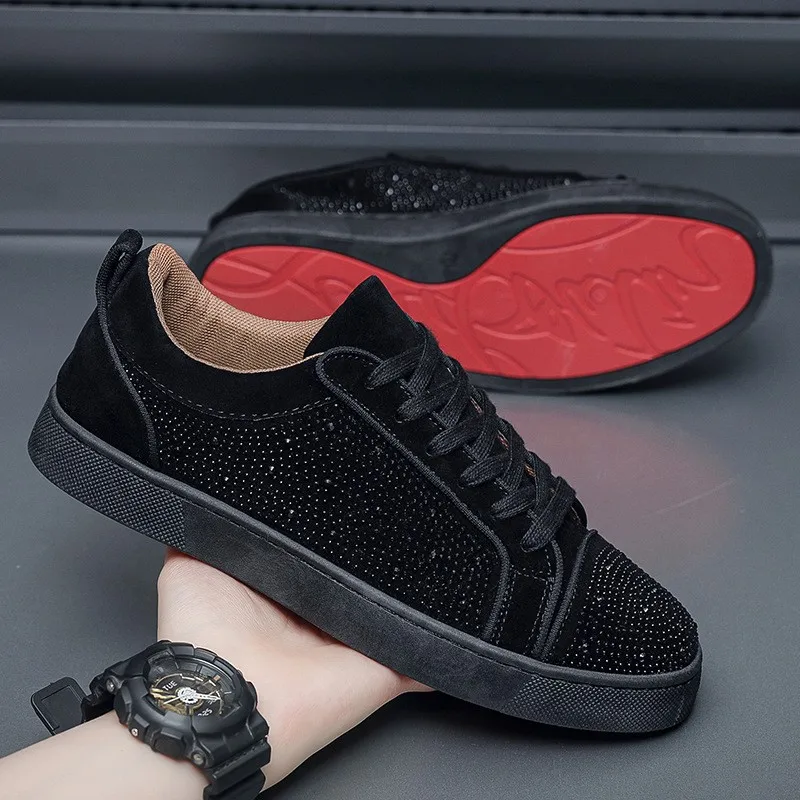 Zapatos informales con incrustaciones de diamantes para hombre, zapatos deportivos de moda con punta redonda y punta redonda, tacón plano cómodo y transpirable