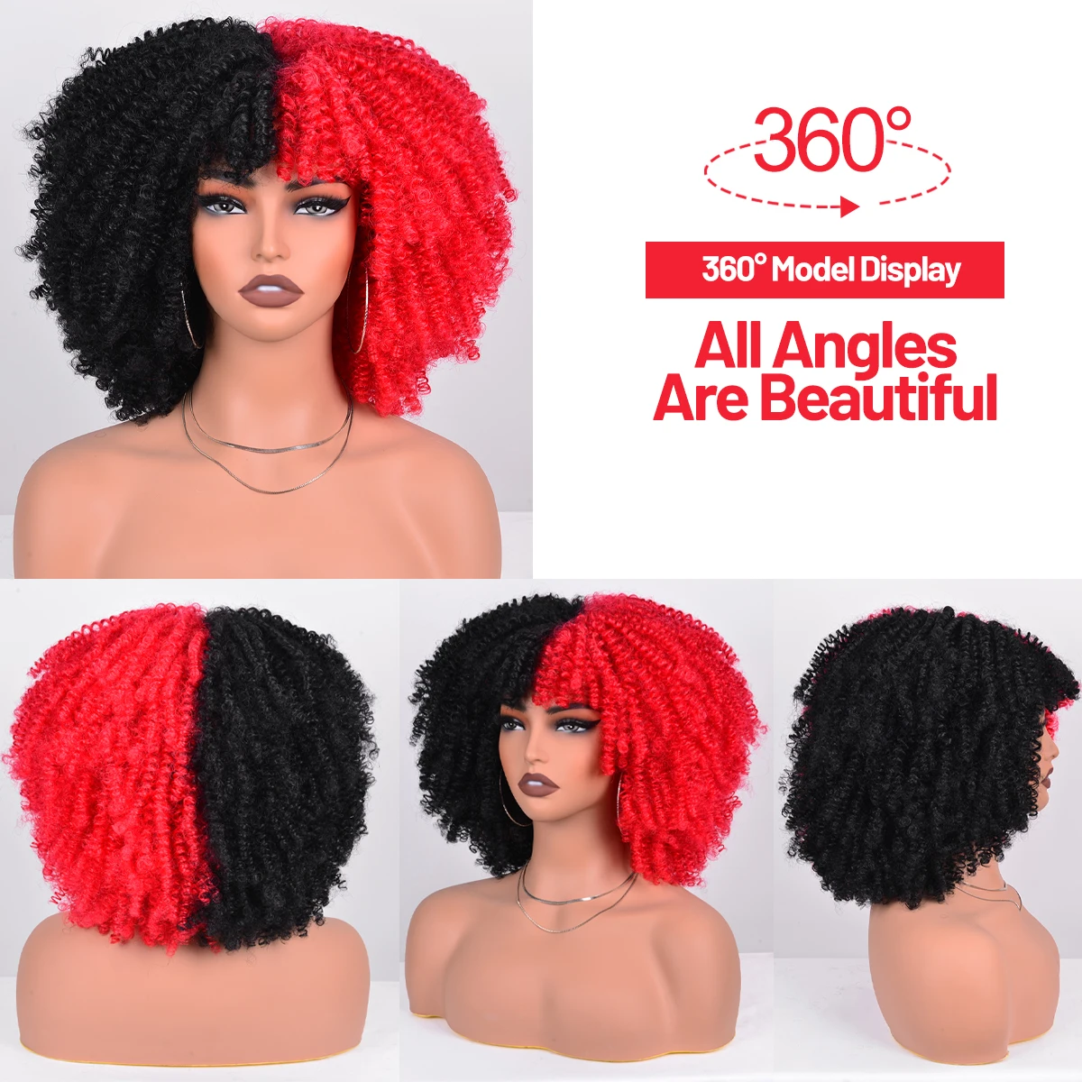 Half Black Half White Wig Cosplay Wigs Synthetic Short Afro Kinky Curly Wigs With Bangs For Women Heat Resistant Natural Hair