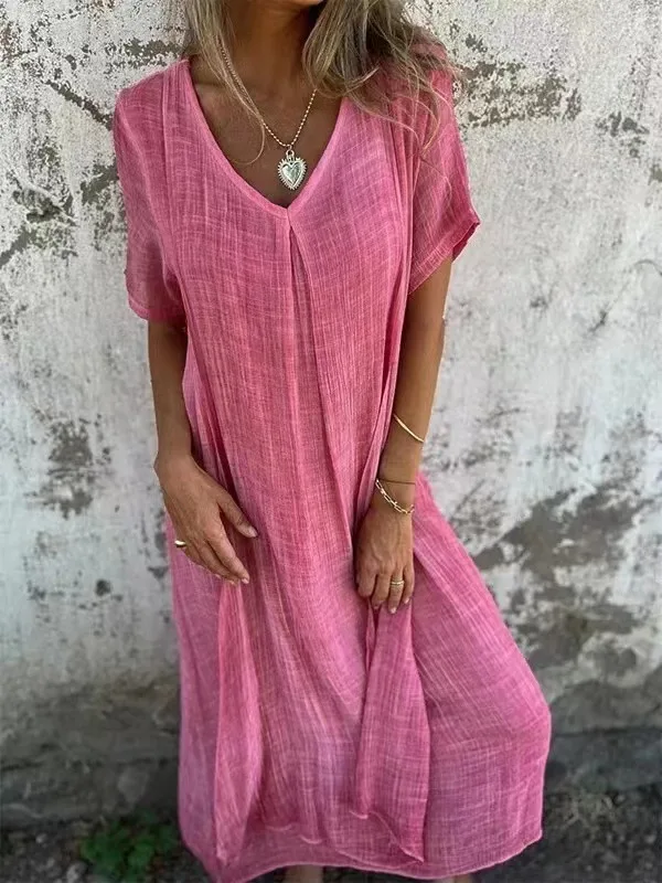 Summer Ladies Cotton Linen Dress Elegant Vintage Loose V Neck Solid Color Beach Street Dresses Bohemian Long Dress for Women New