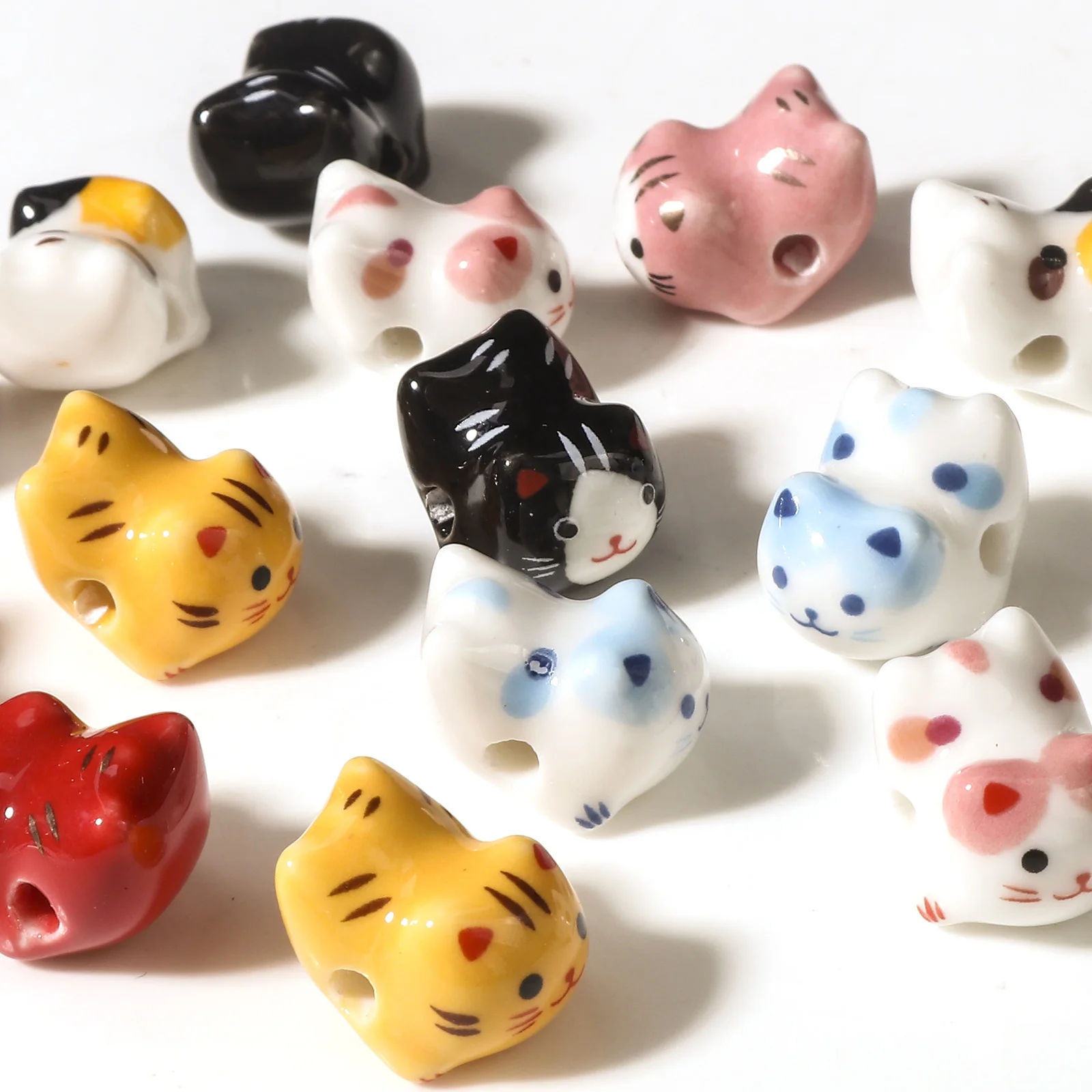 Cute 3D Cat Ceramic Beads For Diy Charm Jewelry Making Multicolor Cat Animal Bead Findings About 16X13mm,Hole: Approx2.5mm, 2Pcs