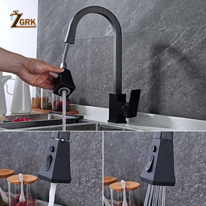 ZGRK-grifos de cocina plateados con un solo orificio, mezclador de agua de 360 grados, extraíble, con mango giratorio