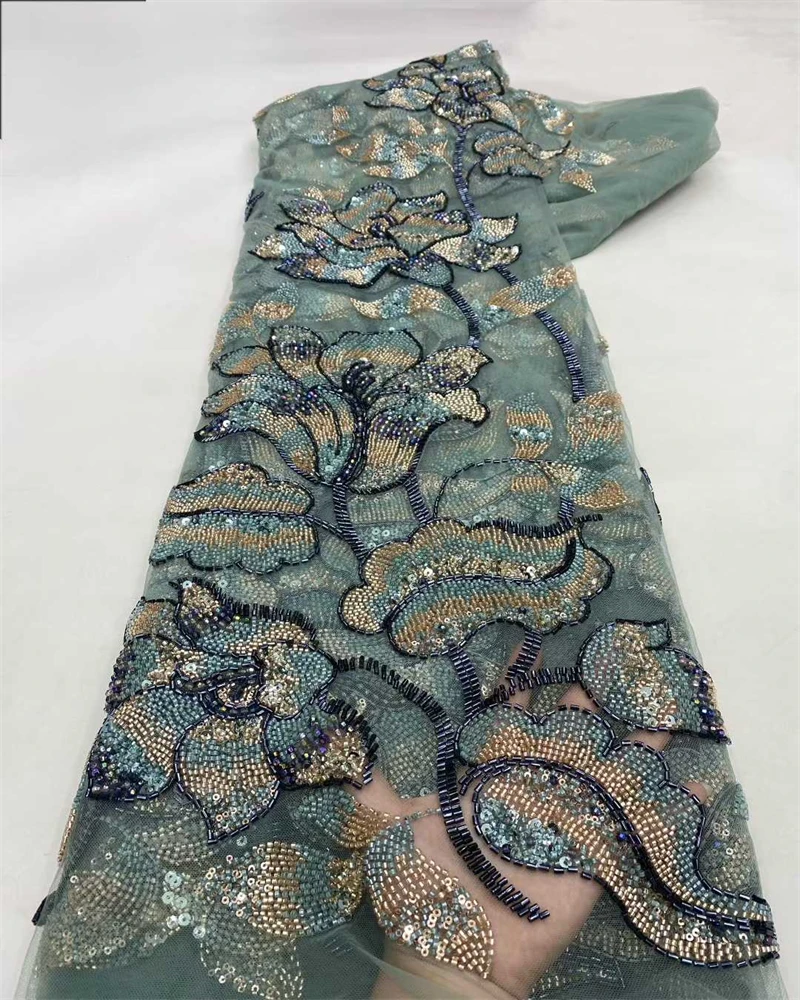 Luxury Nigerian Beaded Lace Fabric with High-Quality Sequins for African Party Dresses Special Occasion Sewing Material