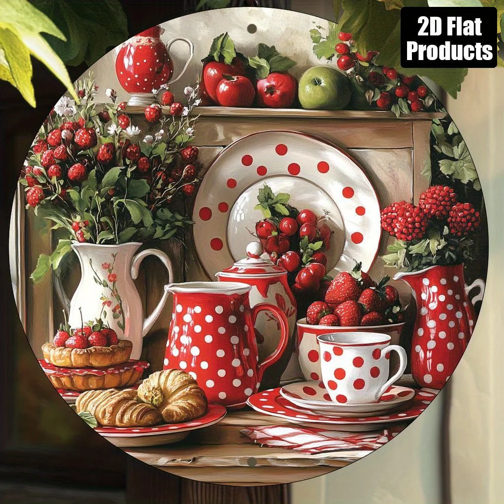 2D Vintage Metal Sign, Red Polka Dot Round Wall Decor, 8x8 Inch Aluminum Plate, Retro Style for Kitchen, Living Room, Office, Ca