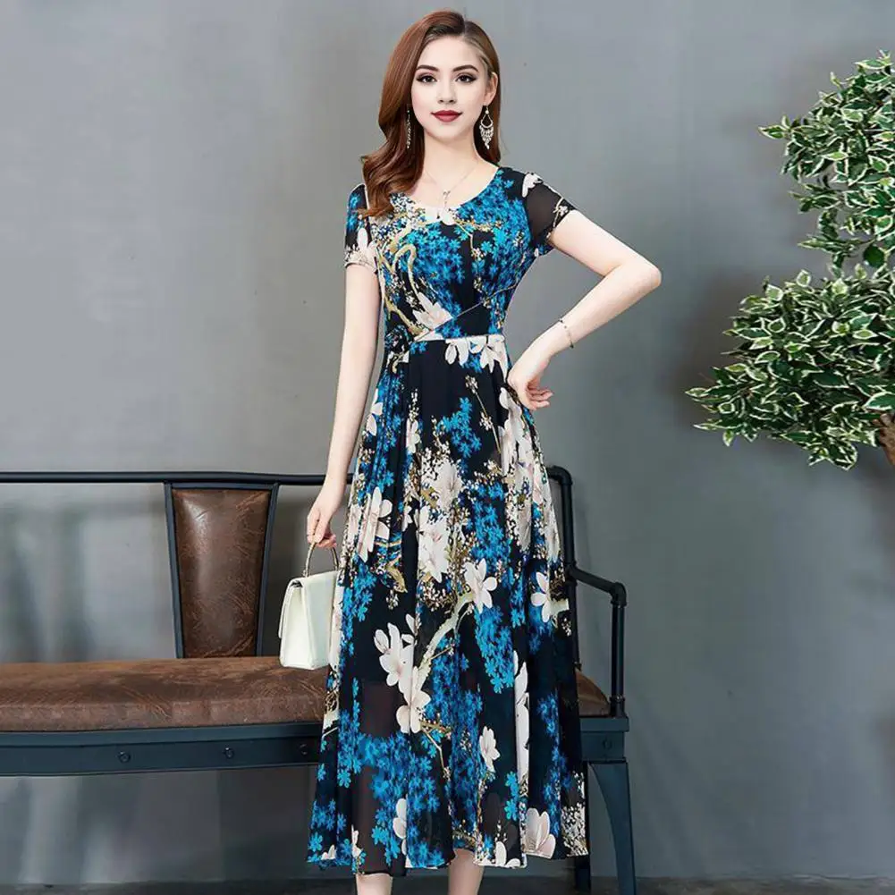 Summer Women Dress Floral Print A-line Big Hem High Waist Short Sleeves Pleated Mid-calf Length Formal Party Commute Midi Dress