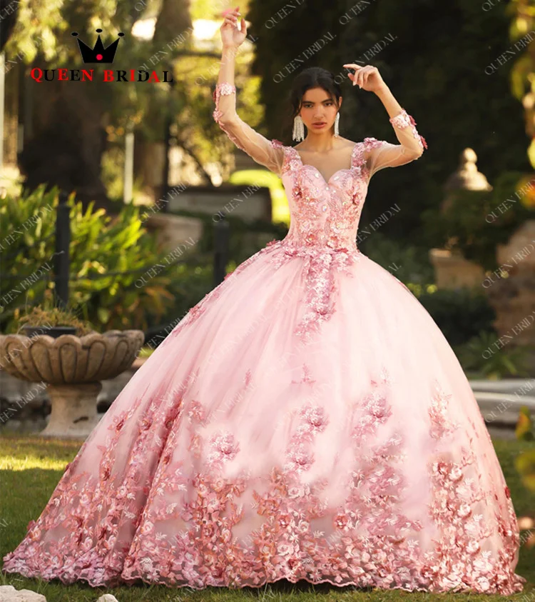 Vestidos de Quinceañera de encaje con lentejuelas elegantes, vestidos de cumpleaños de manga larga con escote Corazón, personalizado, 15 Quinceañera, H66X