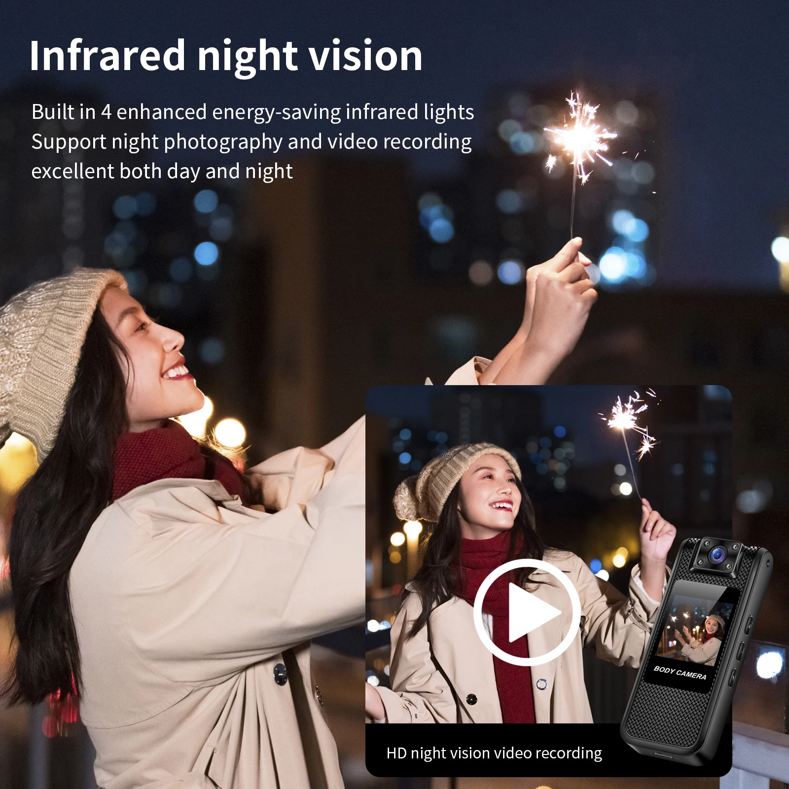 كاميرا الجسم 4K رؤية ليلية بالأشعة تحت الحمراء 180 °   كاميرا واي فاي لاسلكية بعدسة دوارة وعمر بطارية طويل مع بطاقة SD سعة 32/64/128 جيجابايت #5