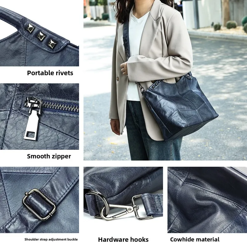 Leather tote bag - perfect for commuting, versatile single shoulder bag with hand-held design and slanted crossbody feature