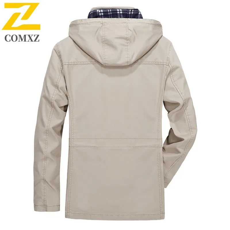 COMXZ Autumn Winter Men Longline Trench Coat Stand Collar Detachable Hood Loose Fit outdoor Coat lightweight windbreaker 2025