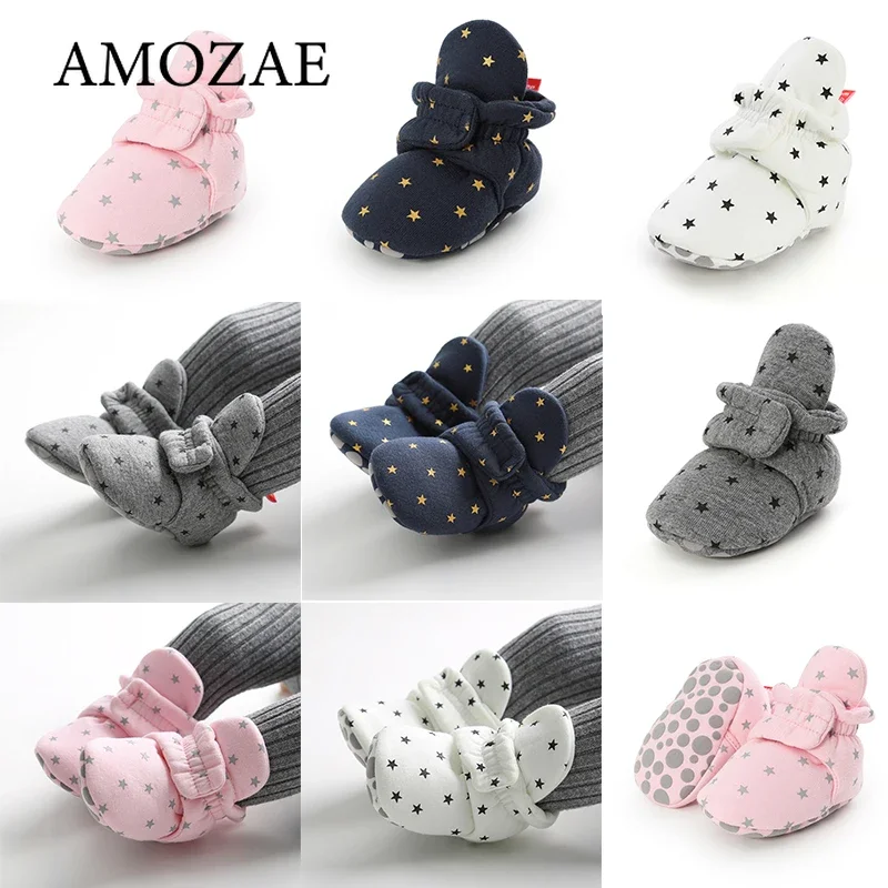 

2025 Winter Newborn Baby Socks Shoes Stars Printed Boy Girl Toddler First Walkers Booties Cotton Soft Warm Infant Crib Shoes