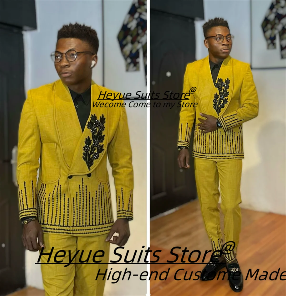 

Luxuly Yellow Formal Men Suits Customized Shiny Beadwork Groom Wedding Tuxedos 2 Pieces Sets Male Party Blazers Costume Homme