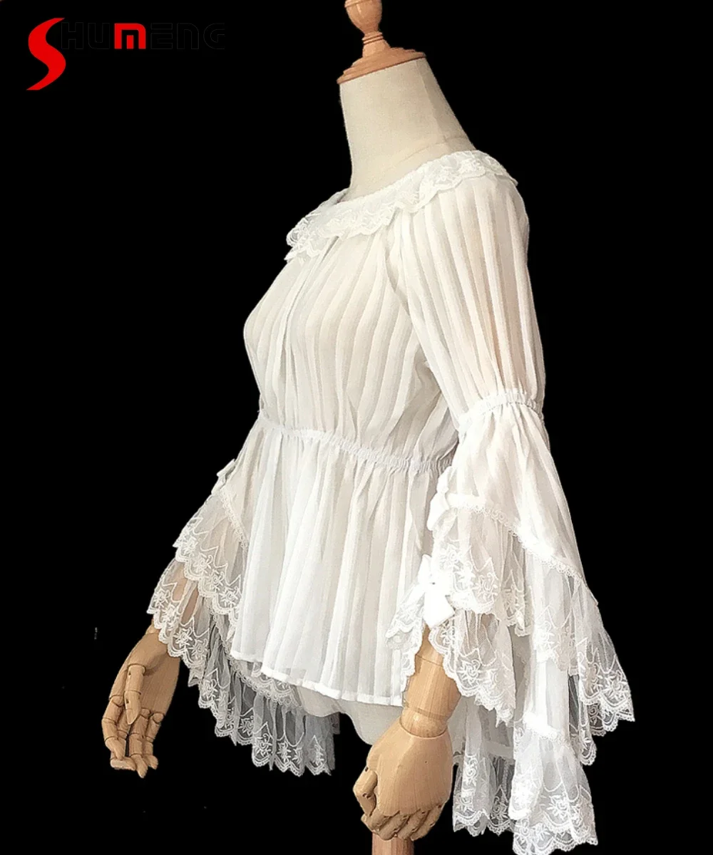 

Vintage Elegant Lolita Shirt Womens Sweet Lace Bow Slim-Fit Long Flare Sleeve Chiffon Top Female Court Style Inside Shirt Mujer