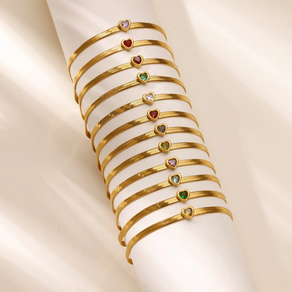 12 Monate Geburtsstein Herz-Armband für Frauen, Goldfarbenes Edelstahl-Flachketten-Armband, Trendiger Geburtstags-Sternzeichen-Schmuck – Detail 4